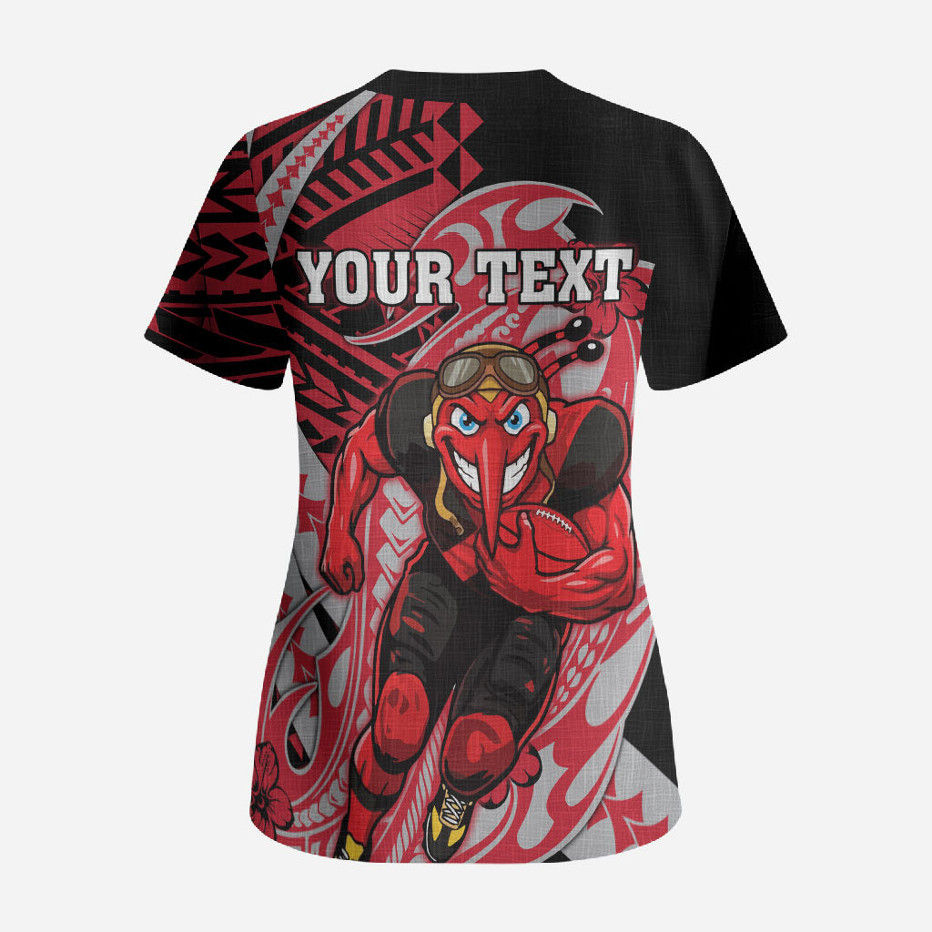 Personalized Essendon Bombers Scrub Top Polynesian Tribal Bomber Pilot Mascot With Hibiscus Floral Art