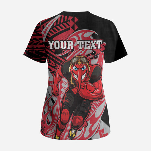 Personalized Essendon Bombers Scrub Top Polynesian Tribal Bomber Pilot Mascot With Hibiscus Floral Art