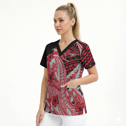 Personalized Essendon Bombers Scrub Top Polynesian Tribal Bomber Pilot Mascot With Hibiscus Floral Art
