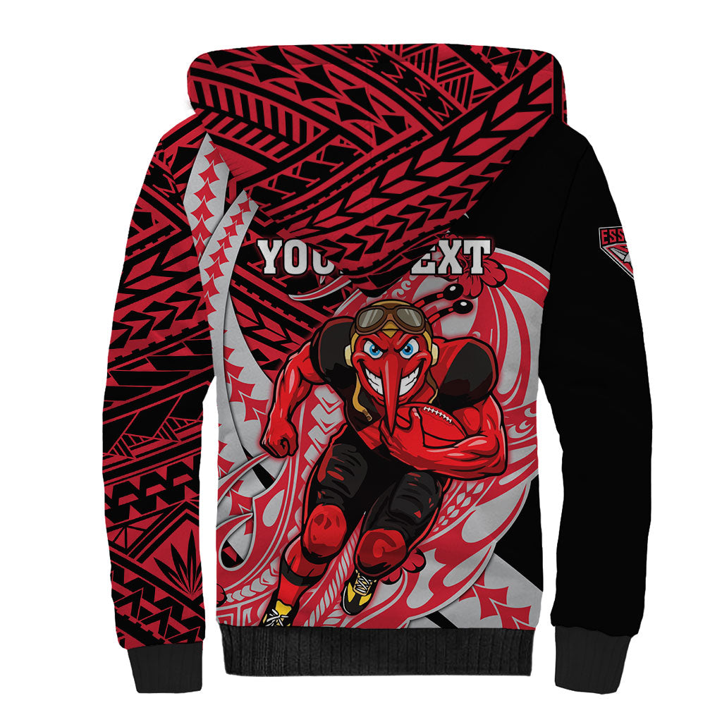 Personalized Essendon Bombers Sherpa Hoodie Polynesian Tribal Bomber Pilot Mascot With Hibiscus Floral Art