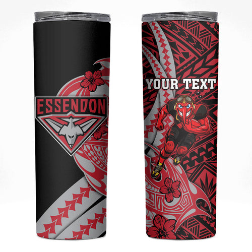 Personalized Essendon Bombers Skinny Tumbler Polynesian Tribal Bomber Pilot Mascot With Hibiscus Floral Art