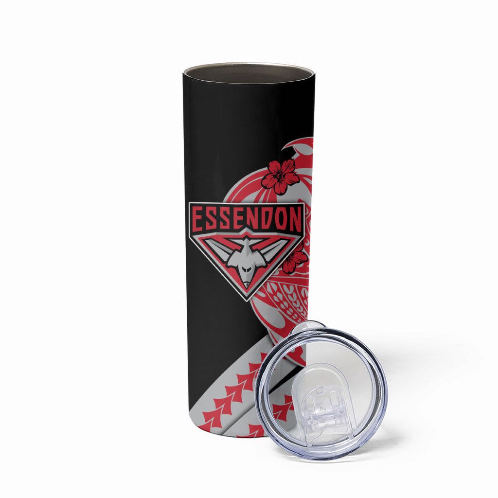 Personalized Essendon Bombers Skinny Tumbler Polynesian Tribal Bomber Pilot Mascot With Hibiscus Floral Art