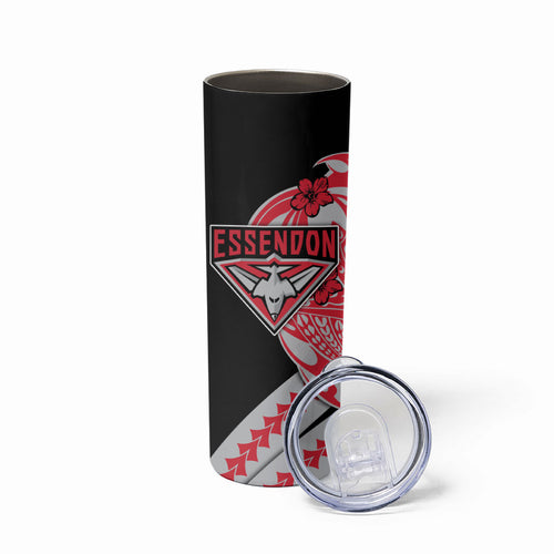 Personalized Essendon Bombers Skinny Tumbler Polynesian Tribal Bomber Pilot Mascot With Hibiscus Floral Art