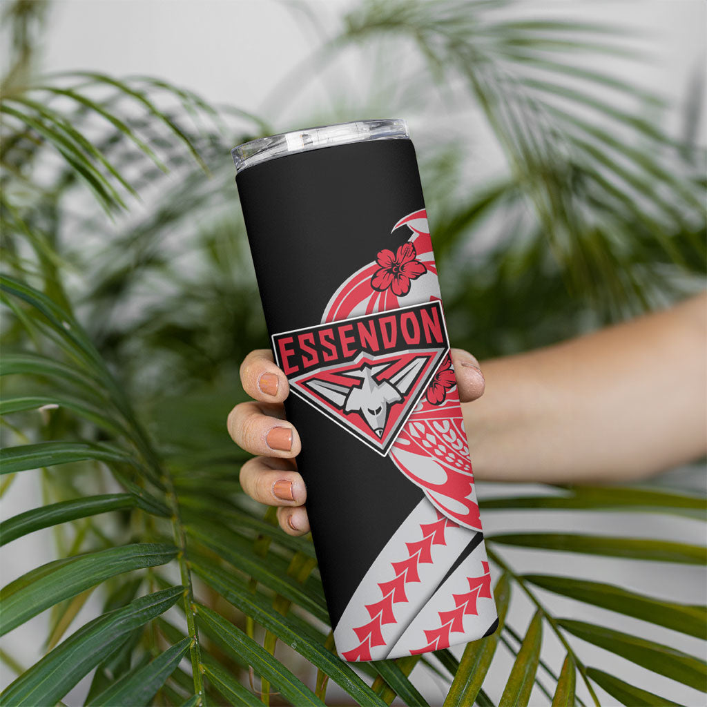 Personalized Essendon Bombers Skinny Tumbler Polynesian Tribal Bomber Pilot Mascot With Hibiscus Floral Art