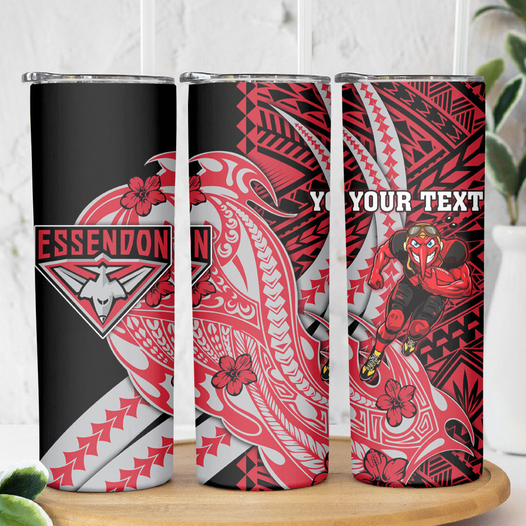 Personalized Essendon Bombers Skinny Tumbler Polynesian Tribal Bomber Pilot Mascot With Hibiscus Floral Art