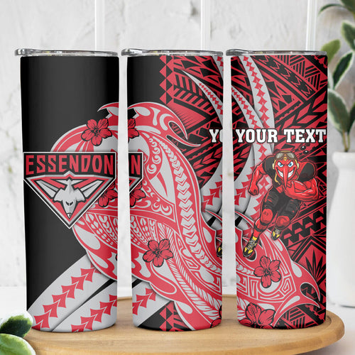 Personalized Essendon Bombers Skinny Tumbler Polynesian Tribal Bomber Pilot Mascot With Hibiscus Floral Art