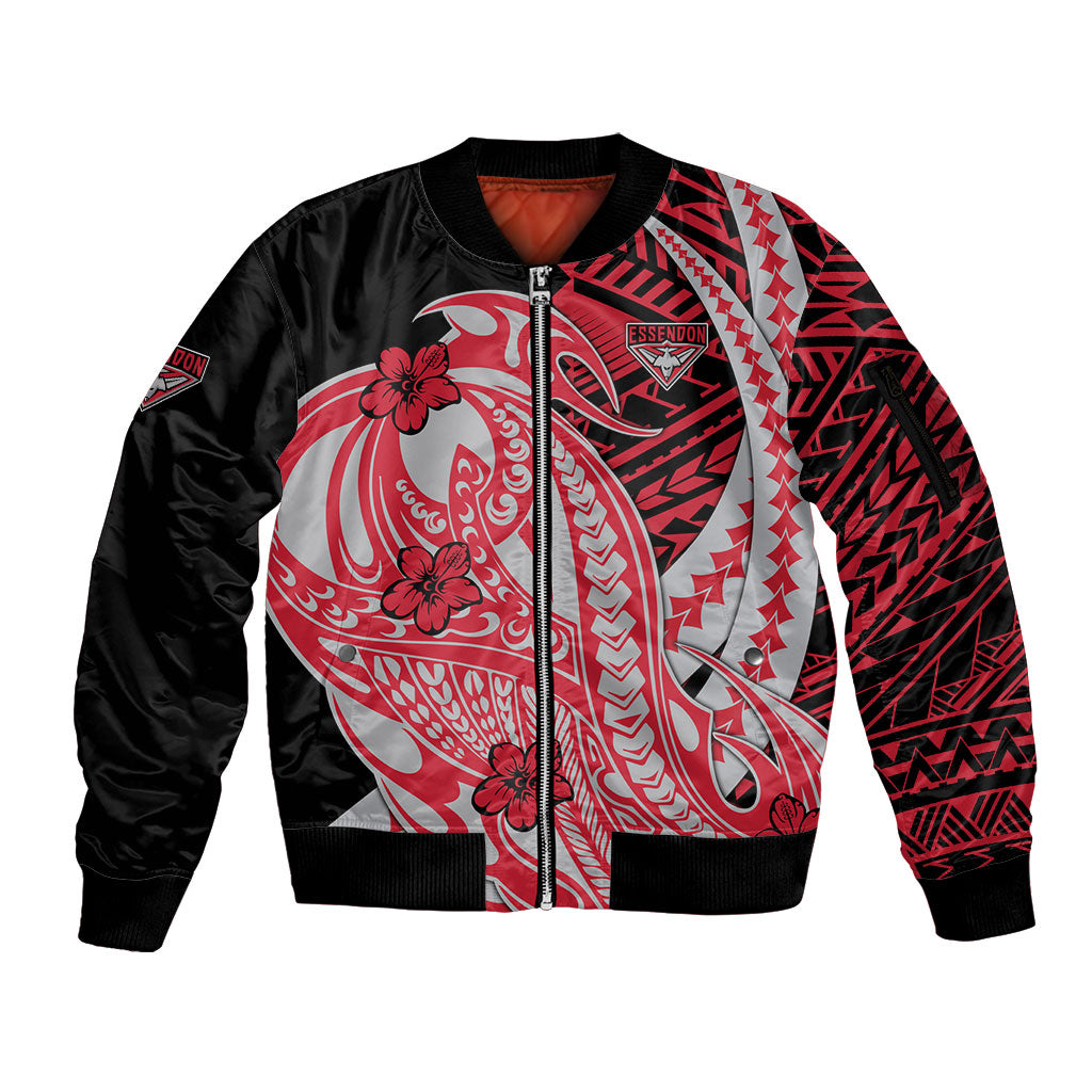 Personalized Essendon Bombers Sleeve Zip Bomber Jacket Polynesian Tribal Bomber Pilot Mascot With Hibiscus Floral Art