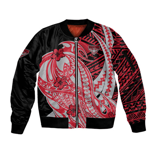 Personalized Essendon Bombers Sleeve Zip Bomber Jacket Polynesian Tribal Bomber Pilot Mascot With Hibiscus Floral Art