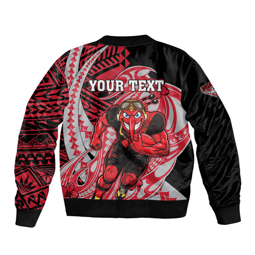 Personalized Essendon Bombers Sleeve Zip Bomber Jacket Polynesian Tribal Bomber Pilot Mascot With Hibiscus Floral Art