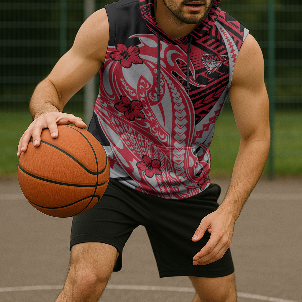 Personalized Essendon Bombers Sleeveless Hoodie Polynesian Tribal Bomber Pilot Mascot With Hibiscus Floral Art