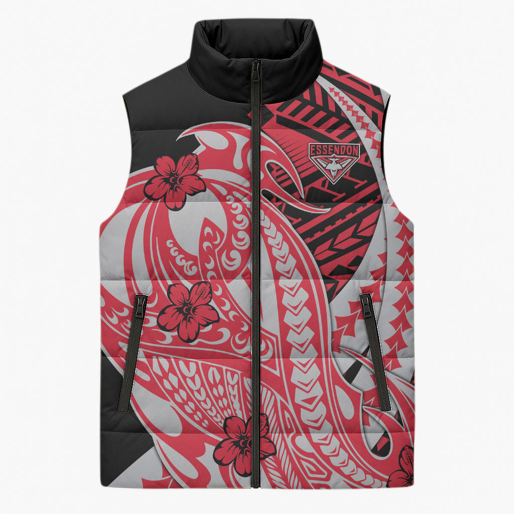 Personalized Essendon Bombers Sleeveless Puffer Jacket Polynesian Tribal Bomber Pilot Mascot With Hibiscus Floral Art