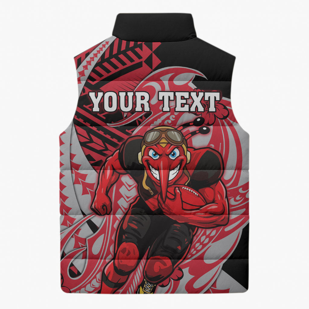 Personalized Essendon Bombers Sleeveless Puffer Jacket Polynesian Tribal Bomber Pilot Mascot With Hibiscus Floral Art