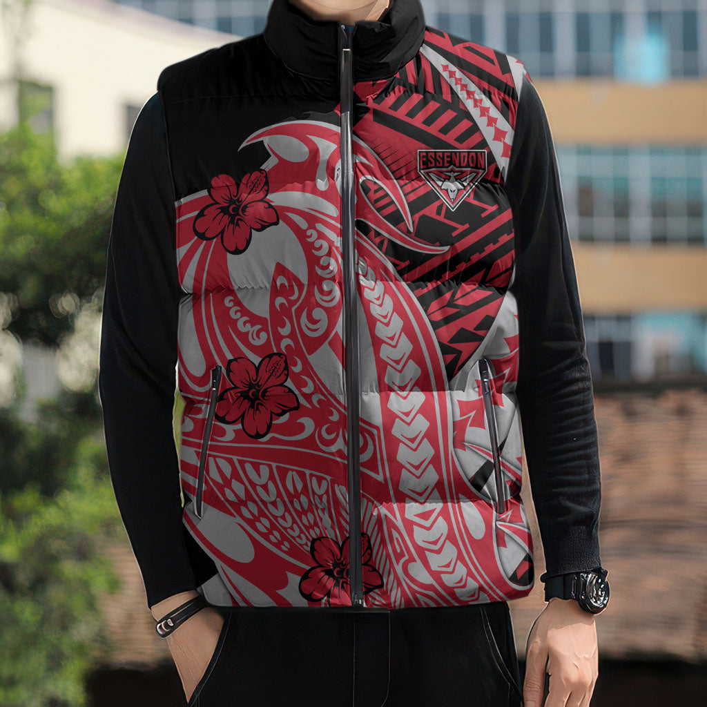 Personalized Essendon Bombers Sleeveless Puffer Jacket Polynesian Tribal Bomber Pilot Mascot With Hibiscus Floral Art