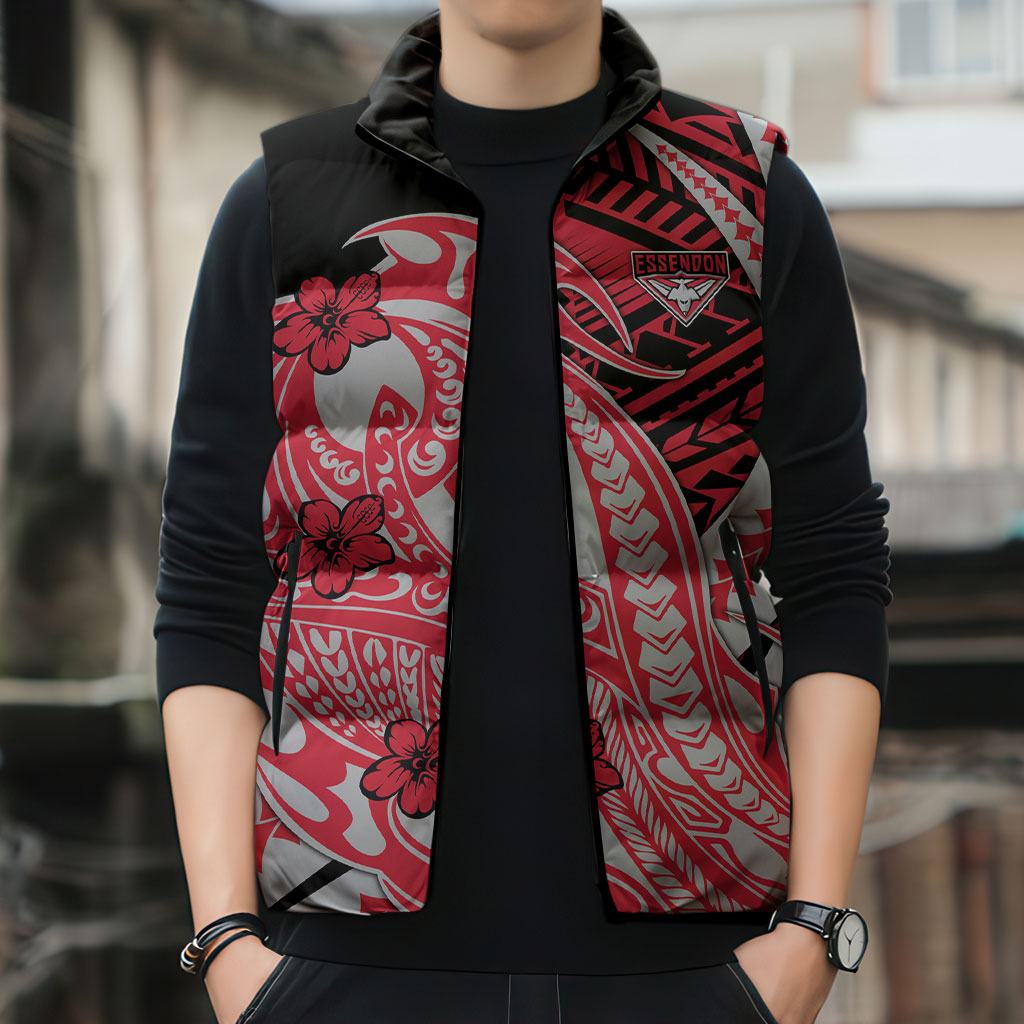 Personalized Essendon Bombers Sleeveless Puffer Jacket Polynesian Tribal Bomber Pilot Mascot With Hibiscus Floral Art