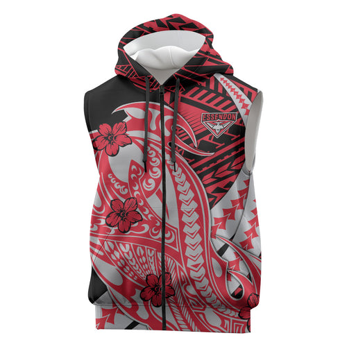 Personalized Essendon Bombers Sleeveless Zip Hoodie Polynesian Tribal Bomber Pilot Mascot With Hibiscus Floral Art