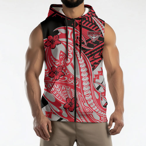 Personalized Essendon Bombers Sleeveless Zip Hoodie Polynesian Tribal Bomber Pilot Mascot With Hibiscus Floral Art
