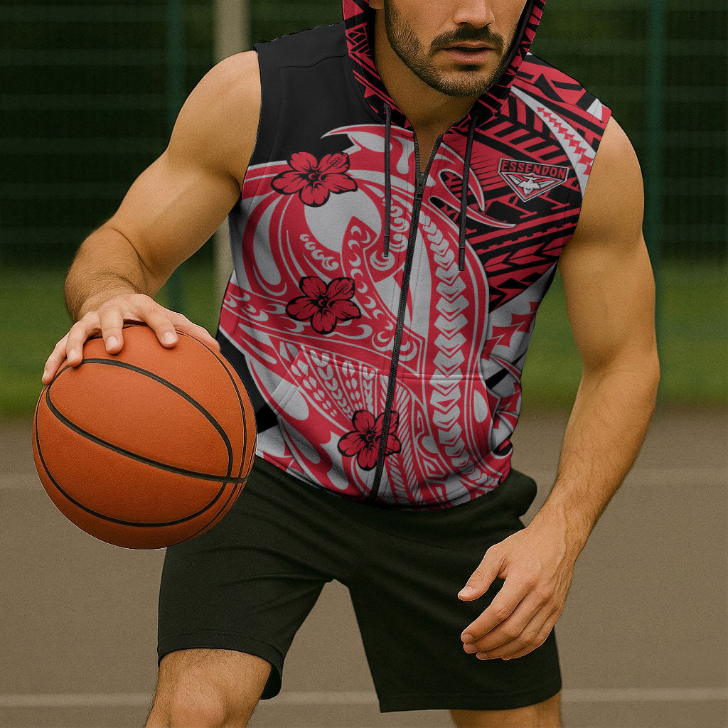 Personalized Essendon Bombers Sleeveless Zip Hoodie Polynesian Tribal Bomber Pilot Mascot With Hibiscus Floral Art