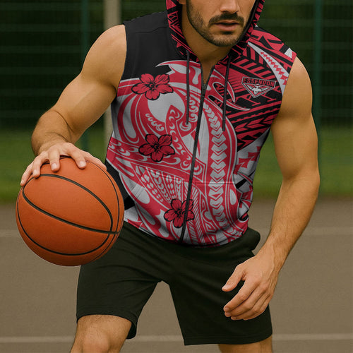 Personalized Essendon Bombers Sleeveless Zip Hoodie Polynesian Tribal Bomber Pilot Mascot With Hibiscus Floral Art