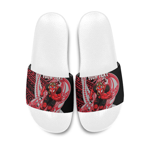 Personalized Essendon Bombers Slide Sandals Polynesian Tribal Bomber Pilot Mascot With Hibiscus Floral Art
