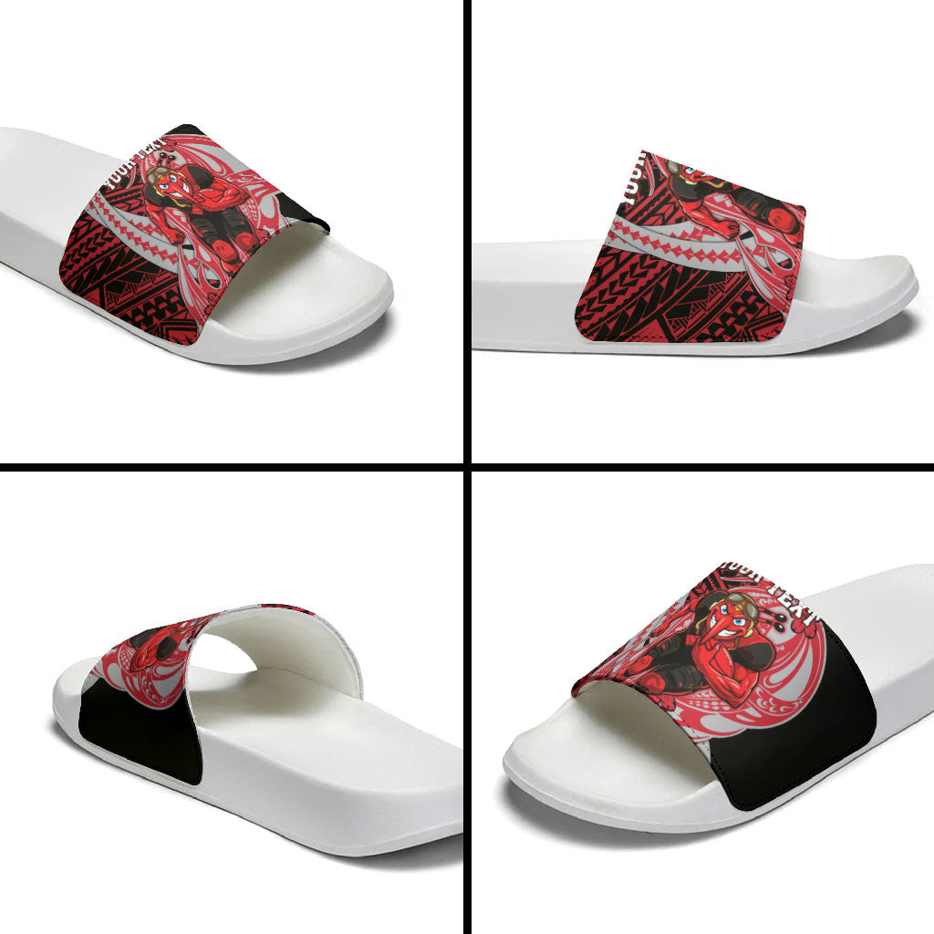 Personalized Essendon Bombers Slide Sandals Polynesian Tribal Bomber Pilot Mascot With Hibiscus Floral Art