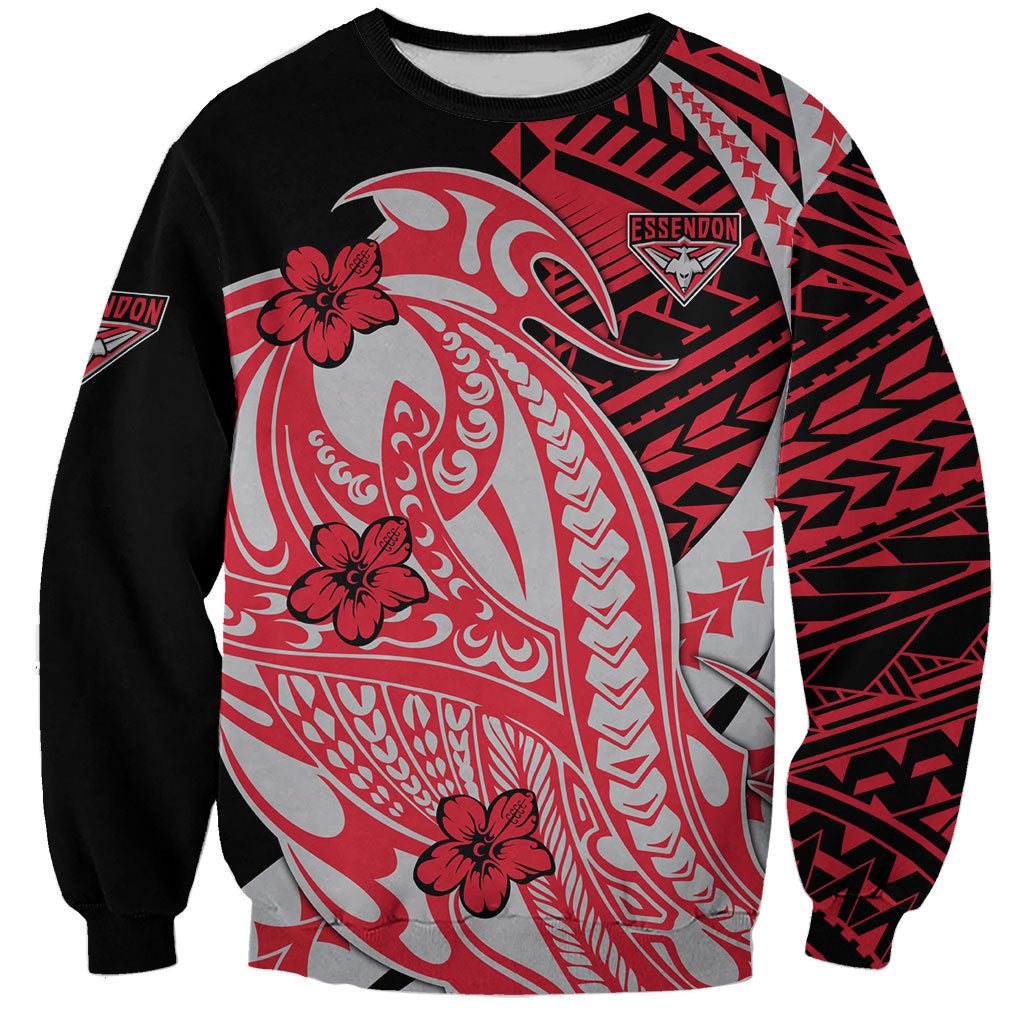 Personalized Essendon Bombers Sweatshirt Polynesian Tribal Bomber Pilot Mascot With Hibiscus Floral Art