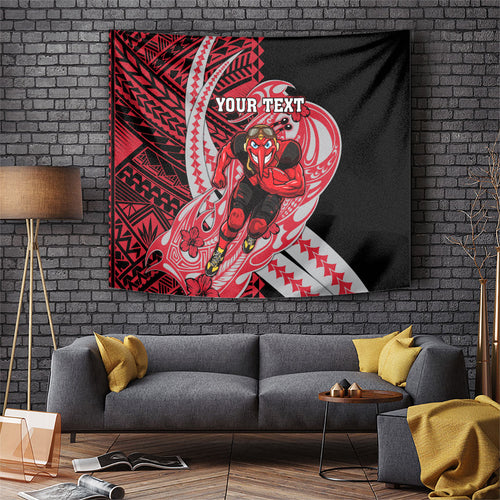 Personalized Essendon Bombers Tapestry Polynesian Tribal Bomber Pilot Mascot With Hibiscus Floral Art