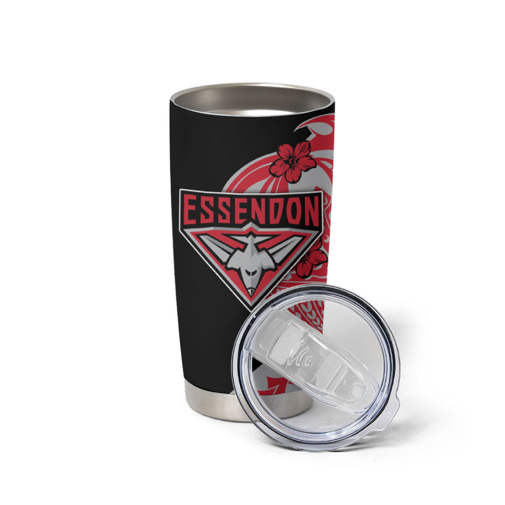 Personalized Essendon Bombers Tumbler Cup Polynesian Tribal Bomber Pilot Mascot With Hibiscus Floral Art