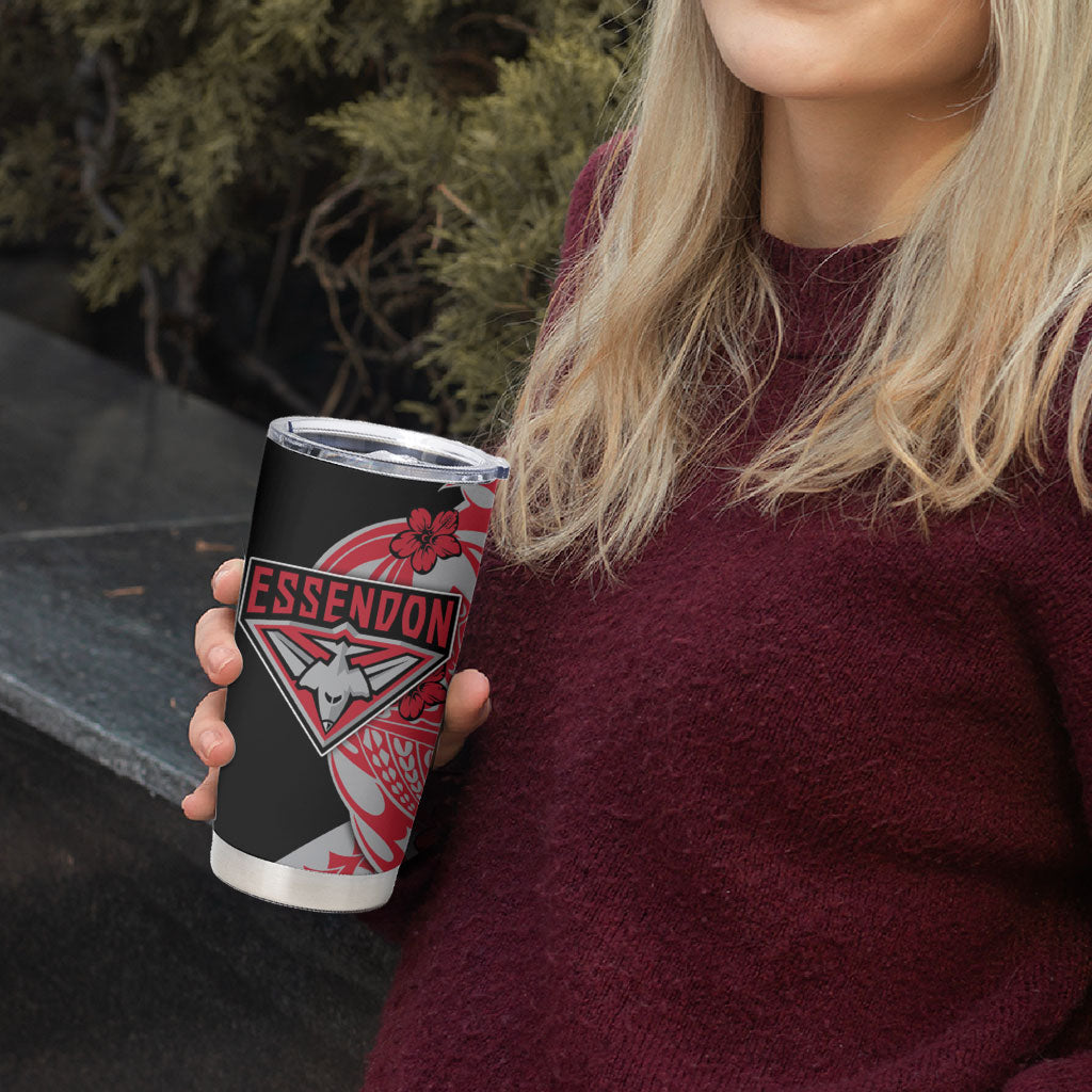 Personalized Essendon Bombers Tumbler Cup Polynesian Tribal Bomber Pilot Mascot With Hibiscus Floral Art