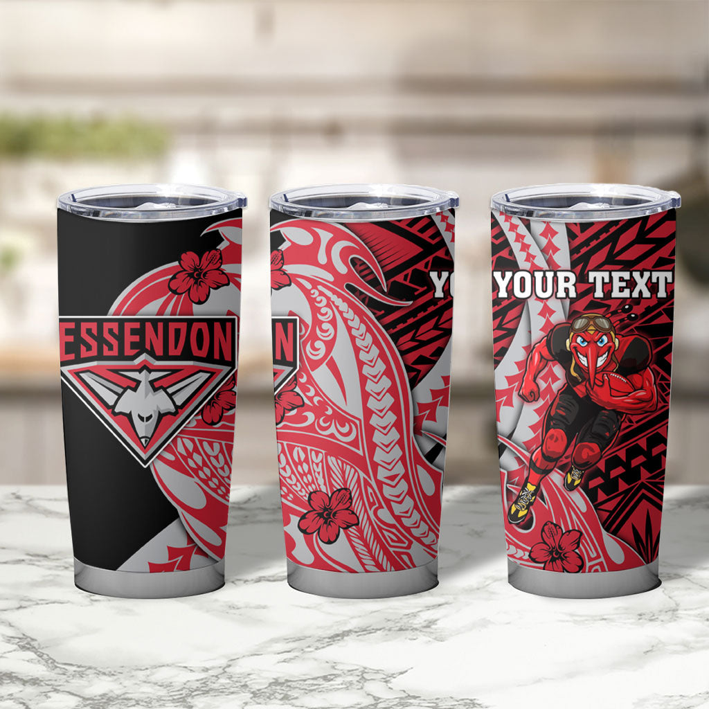 Personalized Essendon Bombers Tumbler Cup Polynesian Tribal Bomber Pilot Mascot With Hibiscus Floral Art