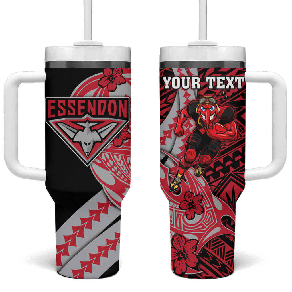 Personalized Essendon Bombers Tumbler With Handle Polynesian Tribal Bomber Pilot Mascot With Hibiscus Floral Art