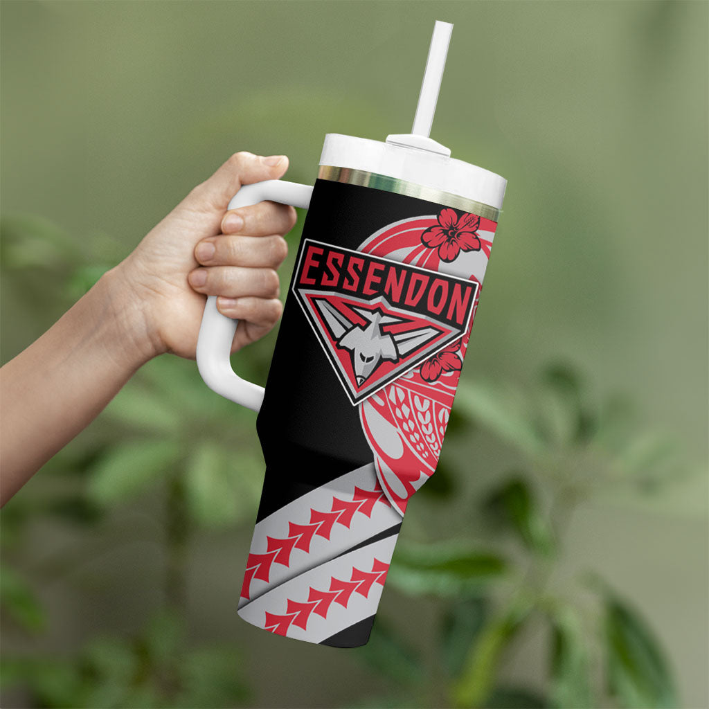 Personalized Essendon Bombers Tumbler With Handle Polynesian Tribal Bomber Pilot Mascot With Hibiscus Floral Art