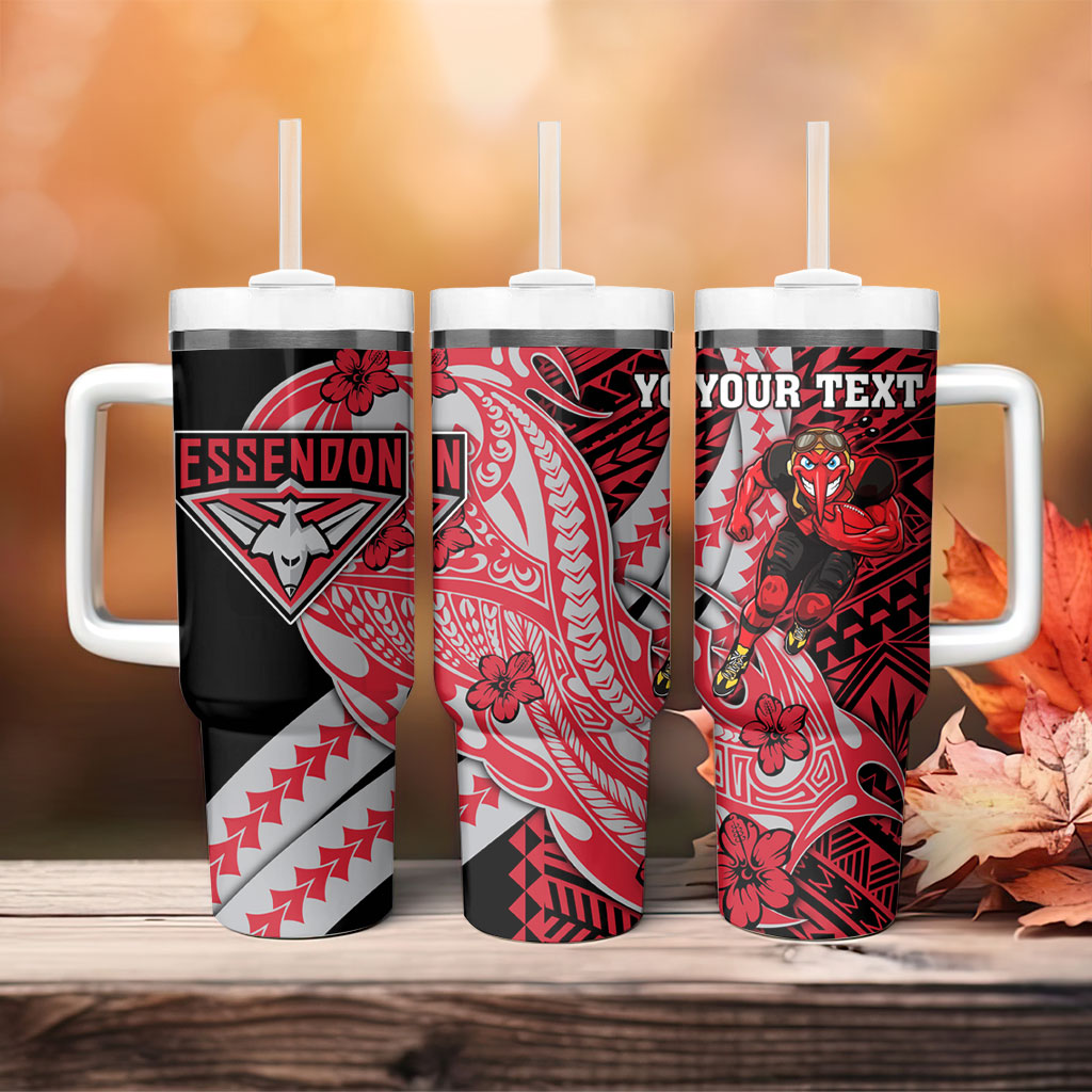Personalized Essendon Bombers Tumbler With Handle Polynesian Tribal Bomber Pilot Mascot With Hibiscus Floral Art