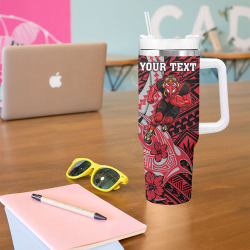 Personalized Essendon Bombers Tumbler With Handle Polynesian Tribal Bomber Pilot Mascot With Hibiscus Floral Art