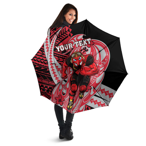Personalized Essendon Bombers Umbrella Polynesian Tribal Bomber Pilot Mascot With Hibiscus Floral Art