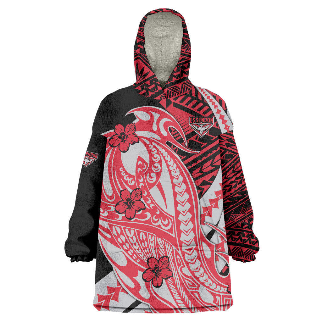 Personalized Essendon Bombers Wearable Blanket Hoodie Polynesian Tribal Bomber Pilot Mascot With Hibiscus Floral Art