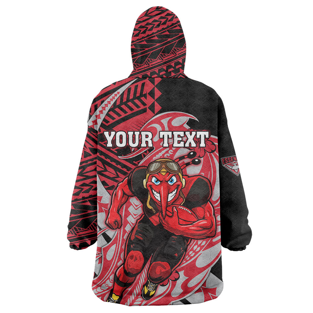Personalized Essendon Bombers Wearable Blanket Hoodie Polynesian Tribal Bomber Pilot Mascot With Hibiscus Floral Art