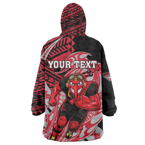 Personalized Essendon Bombers Wearable Blanket Hoodie Polynesian Tribal Bomber Pilot Mascot With Hibiscus Floral Art