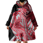 Personalized Essendon Bombers Wearable Blanket Hoodie Polynesian Tribal Bomber Pilot Mascot With Hibiscus Floral Art