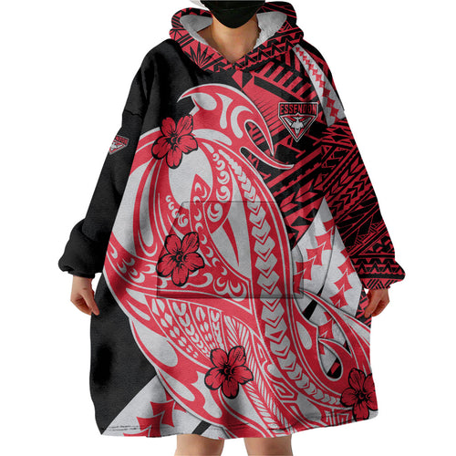 Personalized Essendon Bombers Wearable Blanket Hoodie Polynesian Tribal Bomber Pilot Mascot With Hibiscus Floral Art