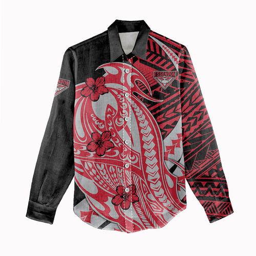 Personalized Essendon Bombers Women Casual Shirt Polynesian Tribal Bomber Pilot Mascot With Hibiscus Floral Art
