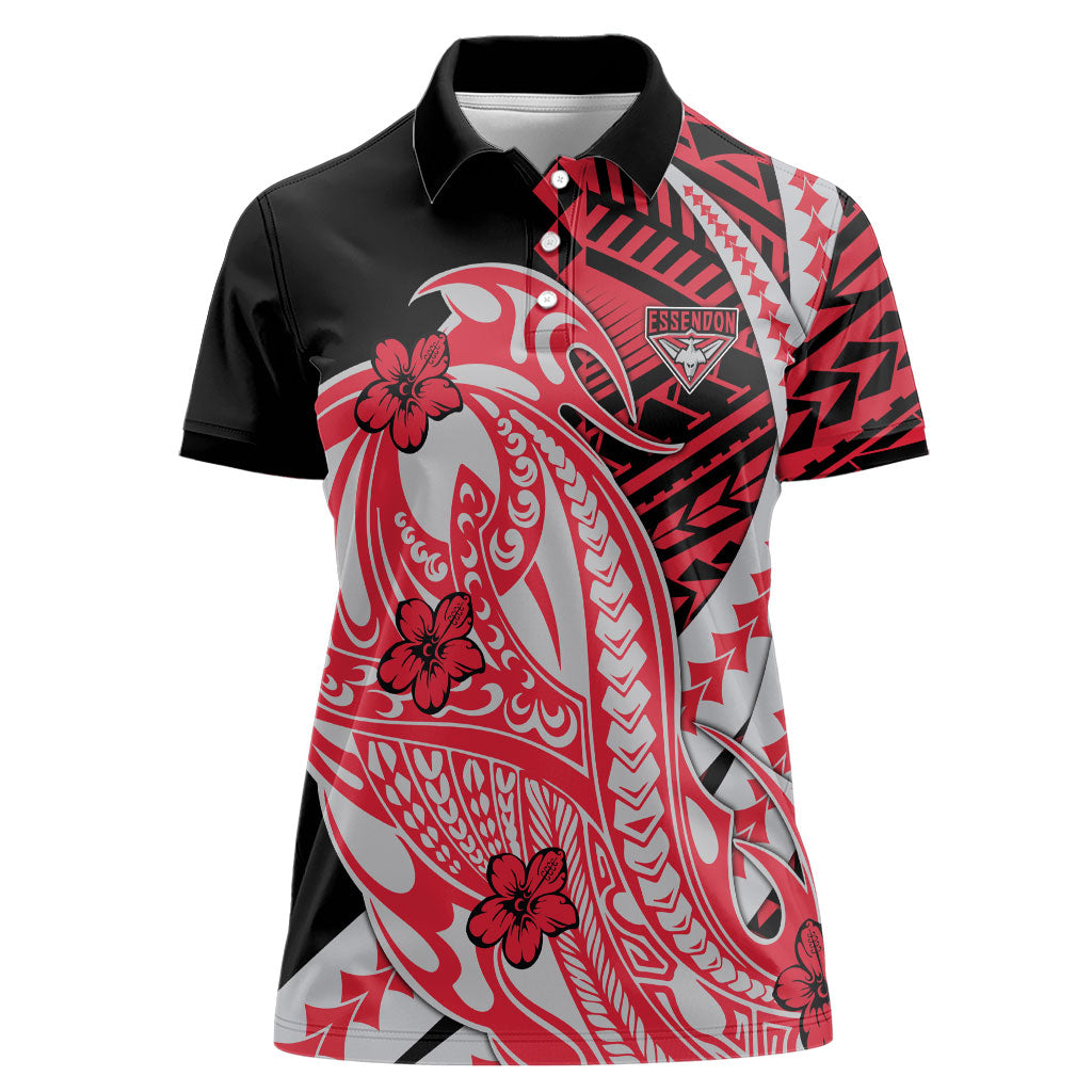 Personalized Essendon Bombers Women Polo Shirt Polynesian Tribal Bomber Pilot Mascot With Hibiscus Floral Art
