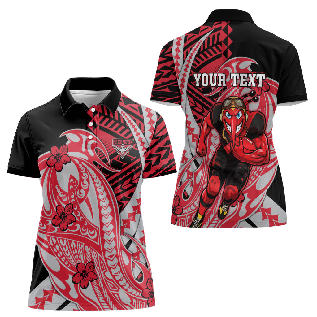 Personalized Essendon Bombers Women Polo Shirt Polynesian Tribal Bomber Pilot Mascot With Hibiscus Floral Art