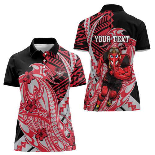 Personalized Essendon Bombers Women Polo Shirt Polynesian Tribal Bomber Pilot Mascot With Hibiscus Floral Art