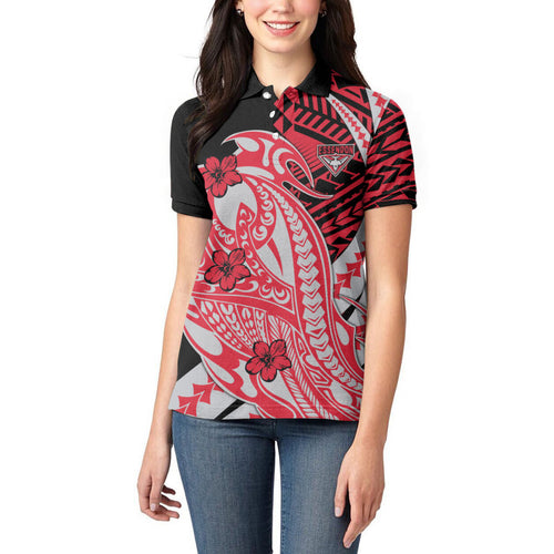 Personalized Essendon Bombers Women Polo Shirt Polynesian Tribal Bomber Pilot Mascot With Hibiscus Floral Art