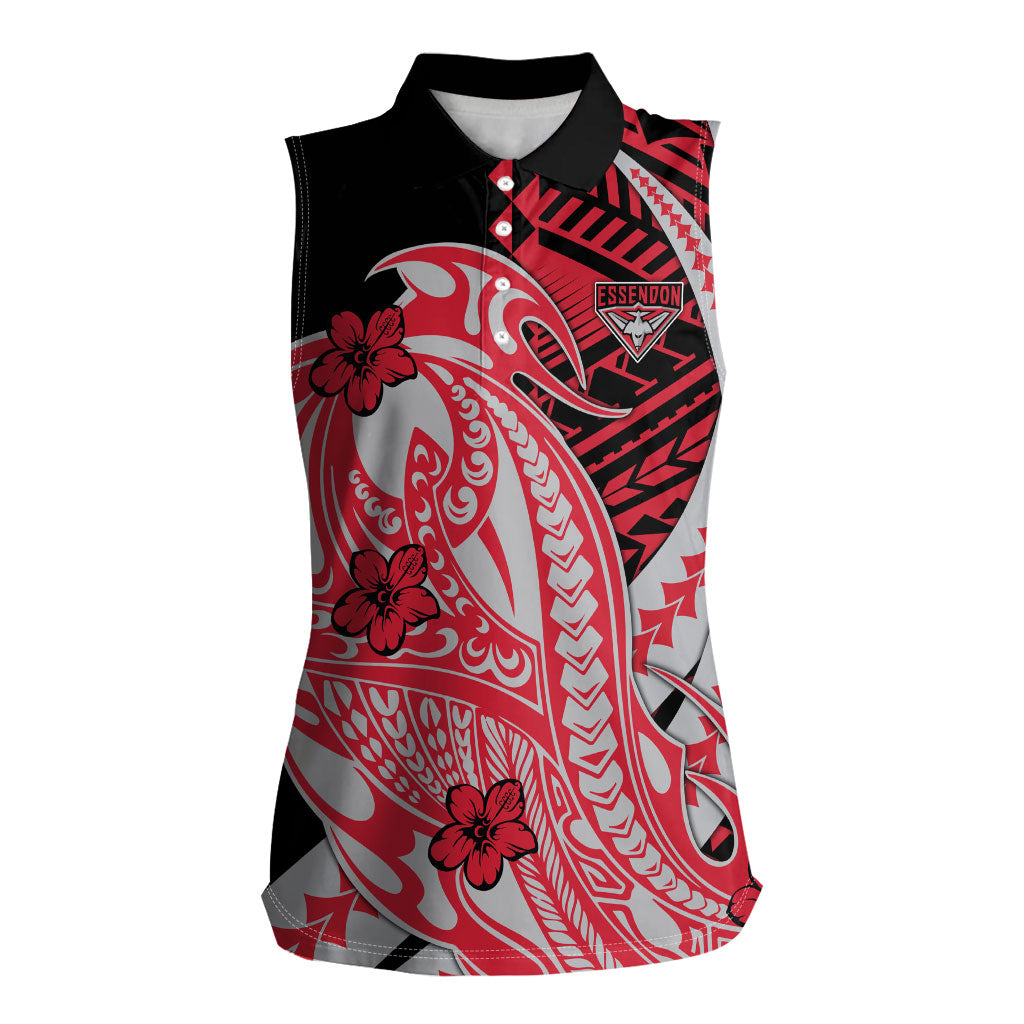 Personalized Essendon Bombers Women Sleeveless Polo Shirt Polynesian Tribal Bomber Pilot Mascot With Hibiscus Floral Art