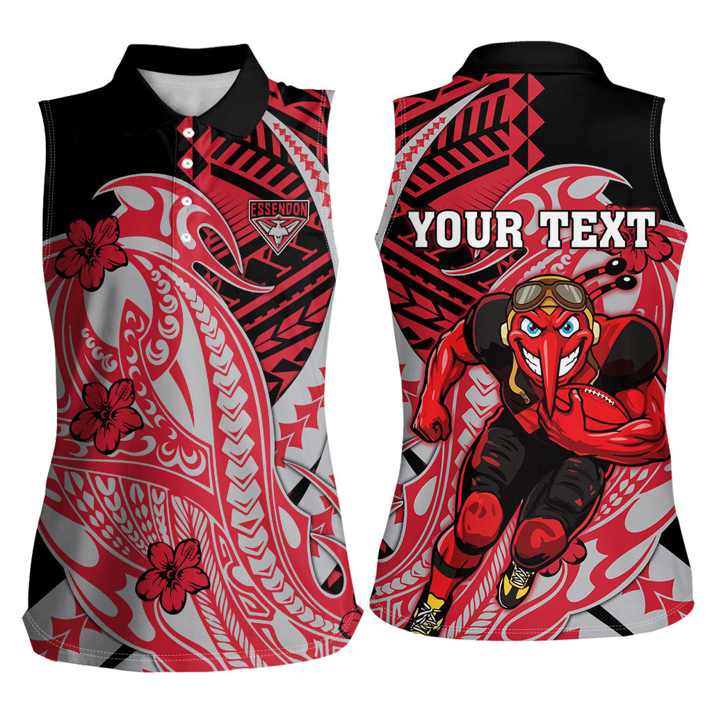 Personalized Essendon Bombers Women Sleeveless Polo Shirt Polynesian Tribal Bomber Pilot Mascot With Hibiscus Floral Art