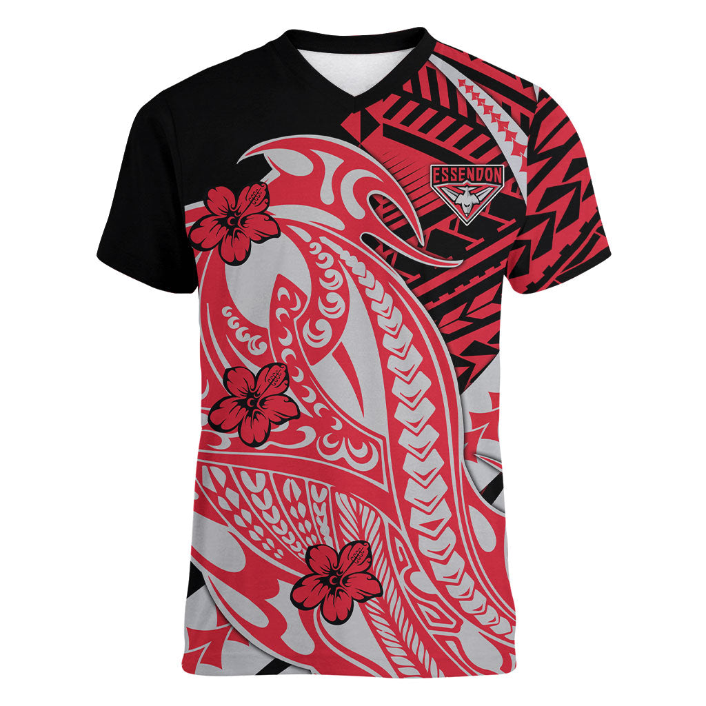 Personalized Essendon Bombers Women V-Neck T-Shirt Polynesian Tribal Bomber Pilot Mascot With Hibiscus Floral Art