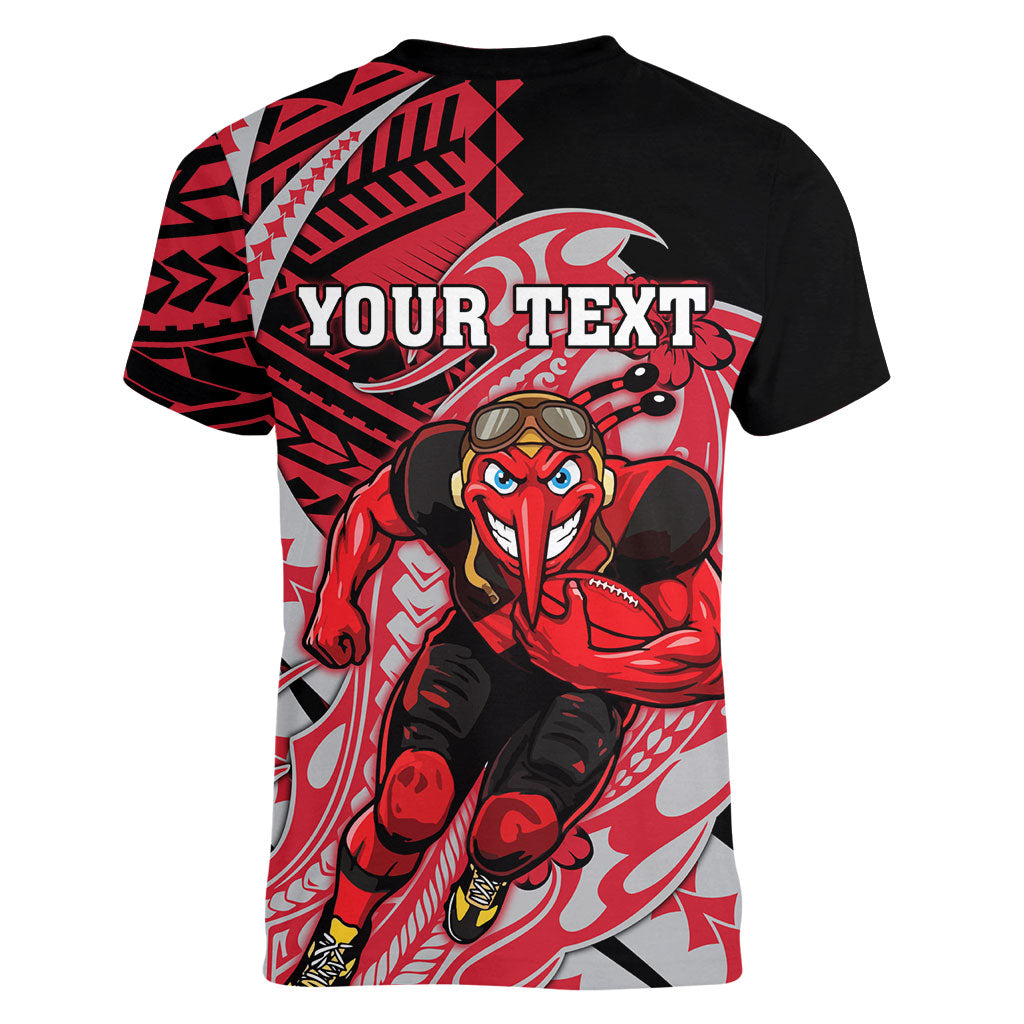 Personalized Essendon Bombers Women V-Neck T-Shirt Polynesian Tribal Bomber Pilot Mascot With Hibiscus Floral Art