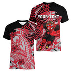 Personalized Essendon Bombers Women V-Neck T-Shirt Polynesian Tribal Bomber Pilot Mascot With Hibiscus Floral Art