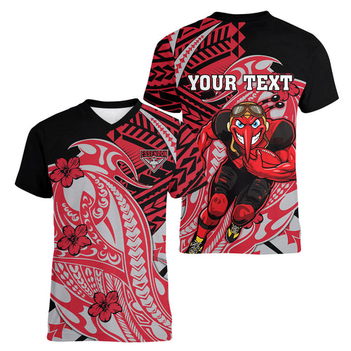 Personalized Essendon Bombers Women V-Neck T-Shirt Polynesian Tribal Bomber Pilot Mascot With Hibiscus Floral Art